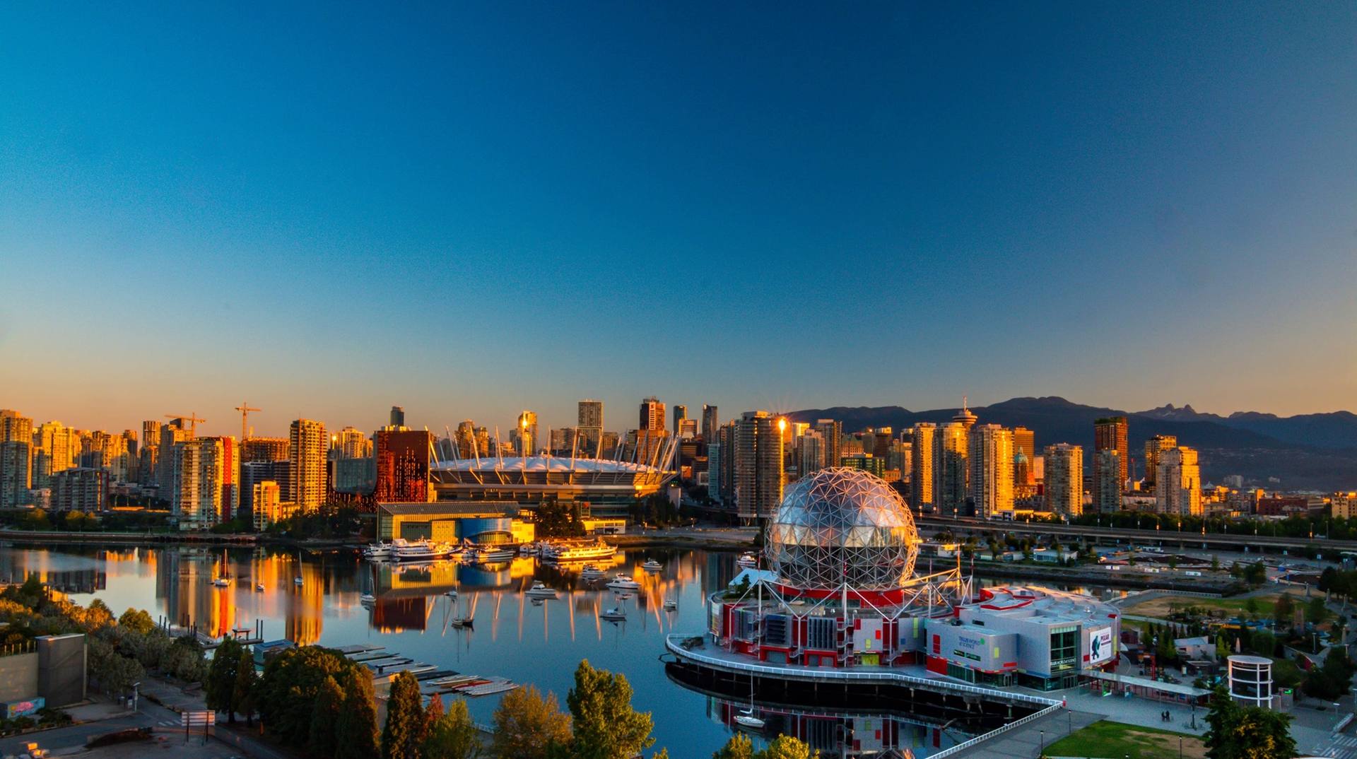 Vancouver’s False Creek waterfront and Science World in evening light